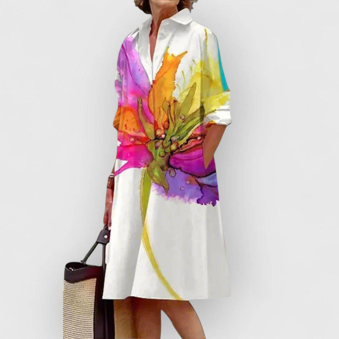 Nova - Button Detail Loose Fit Digital Print Shirt Dress