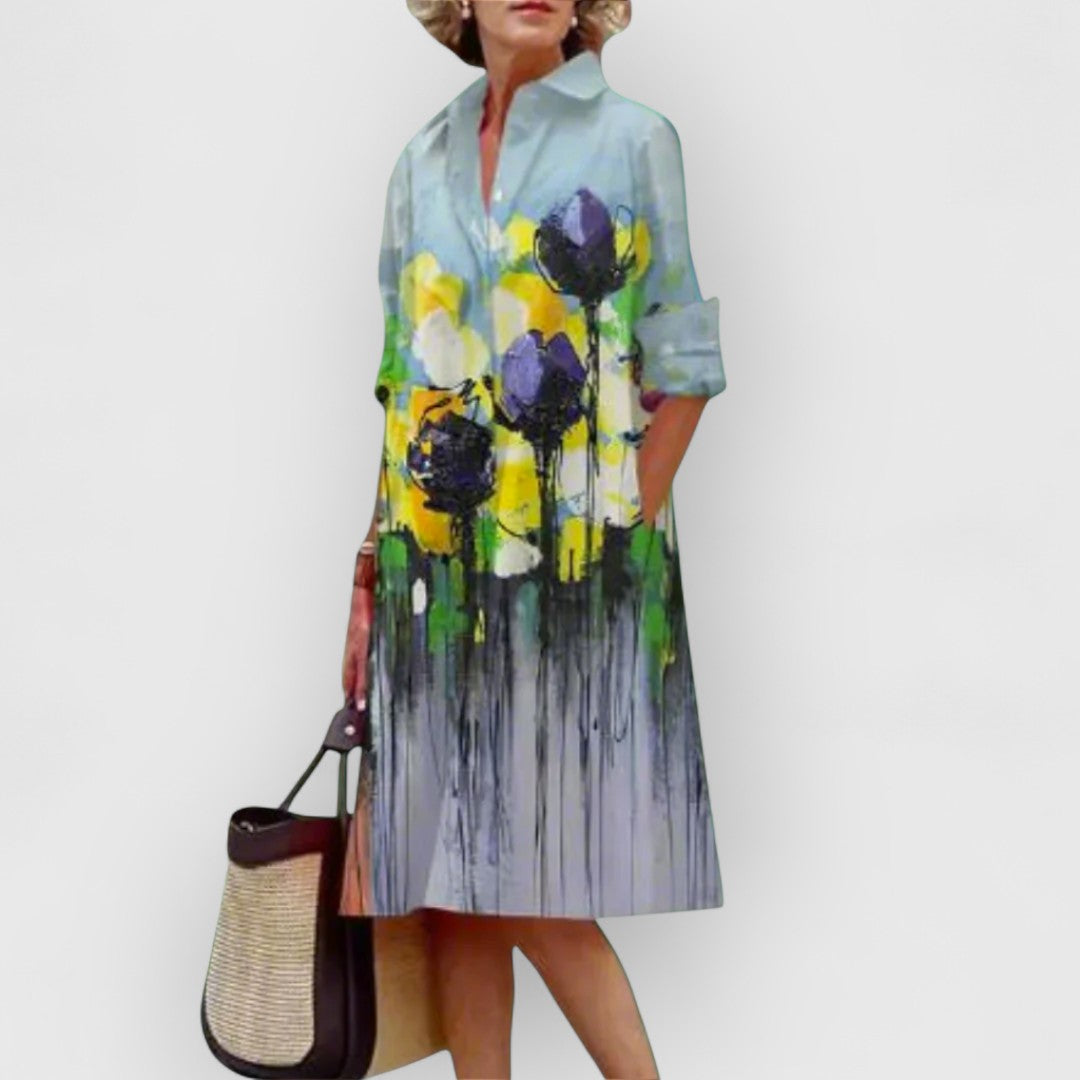 Juno - Crushed Floral Long Sleeve Lapel Mid Dress
