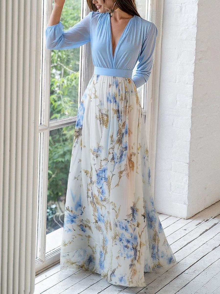 Ismeria - Boho Floral V-Neck Long Sleeve Dress