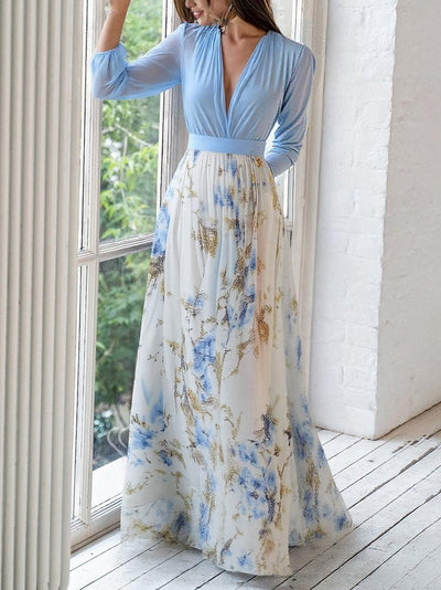 Ismeria - Boho Floral V-Neck Long Sleeve Dress