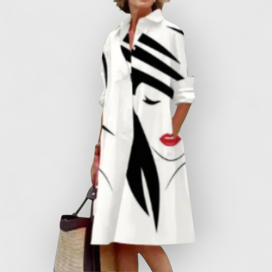 Dahlia - Trendy Face Pattern Printed Shirt Dress