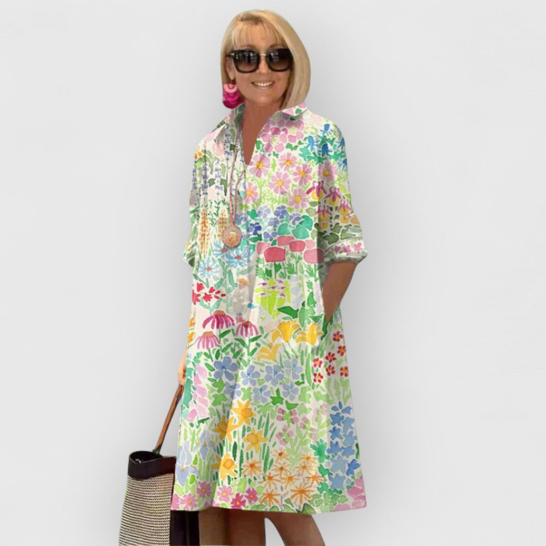 Juniper - Elegant Turndown Collar Floral Midi Dress