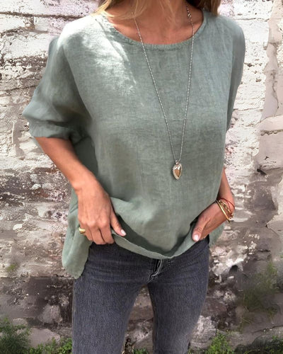 Dahlia - Casual Round Neck Cotton & Linen T-Shirt