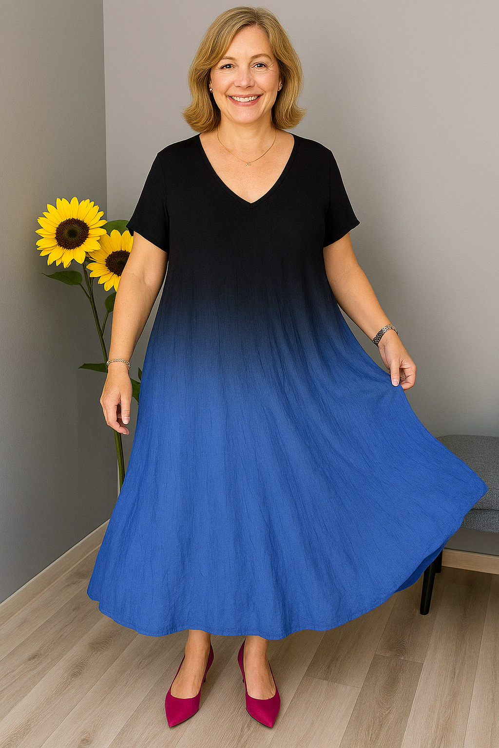 Jada - Flattering Gradient Tummy Covering Midi Dress