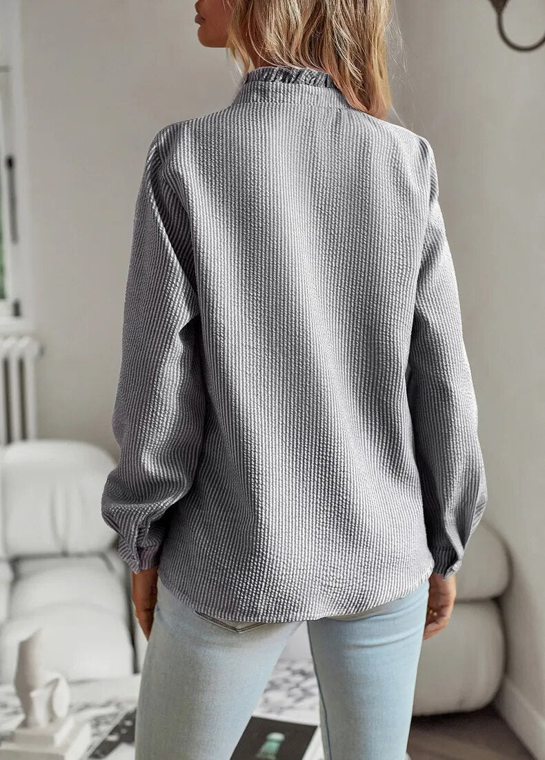 Romy - Elegant Ruched Stand Collar Long Sleeve Shirt