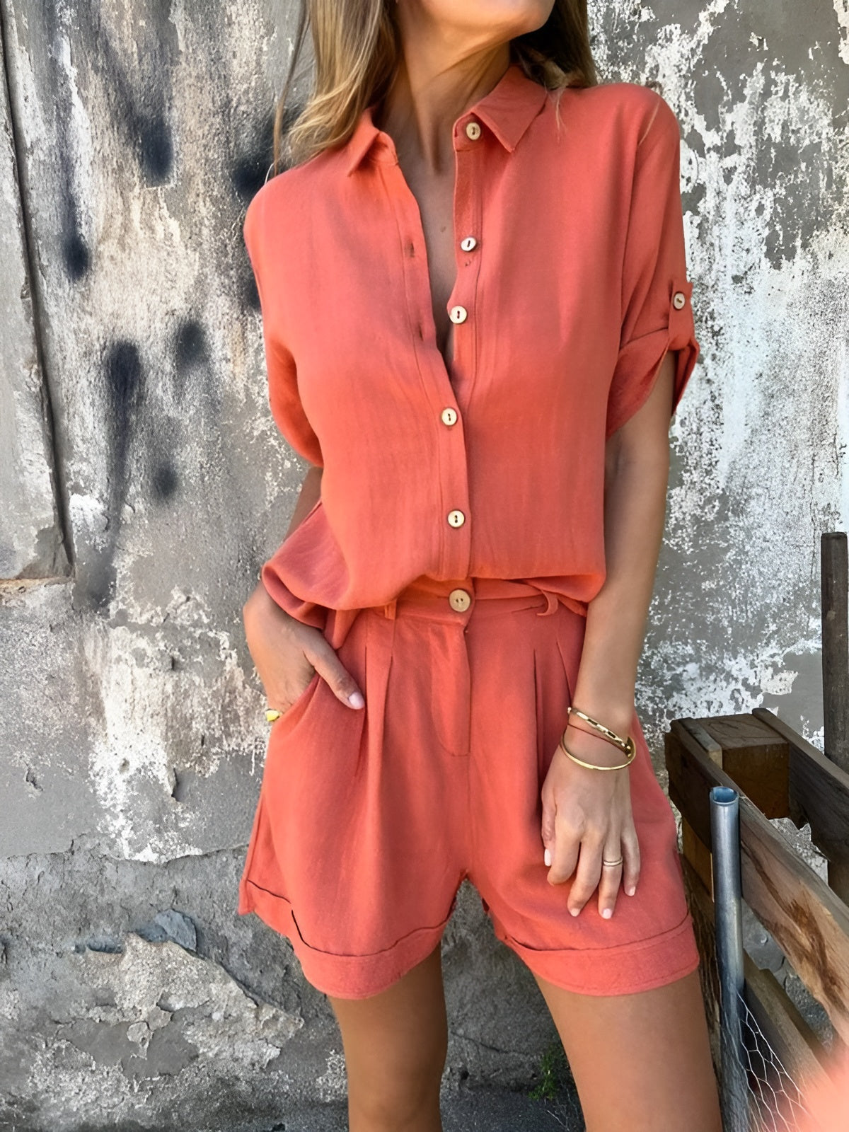 Isla - Loose Fit Cotton Linen Shirt And Short Set