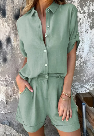 Isla - Loose Fit Cotton Linen Shirt And Short Set
