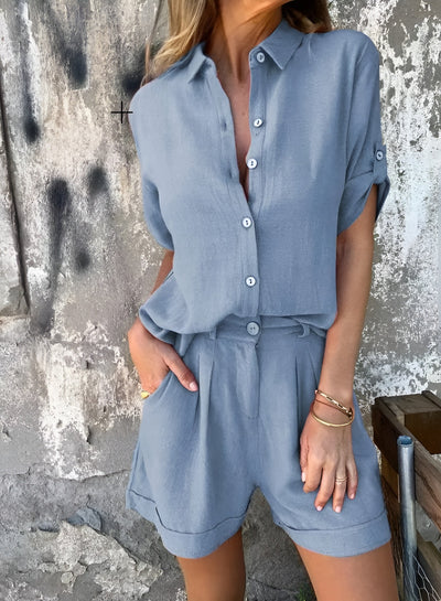Isla - Loose Fit Cotton Linen Shirt And Short Set