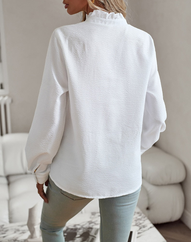 Romy - Elegant Ruched Stand Collar Long Sleeve Shirt