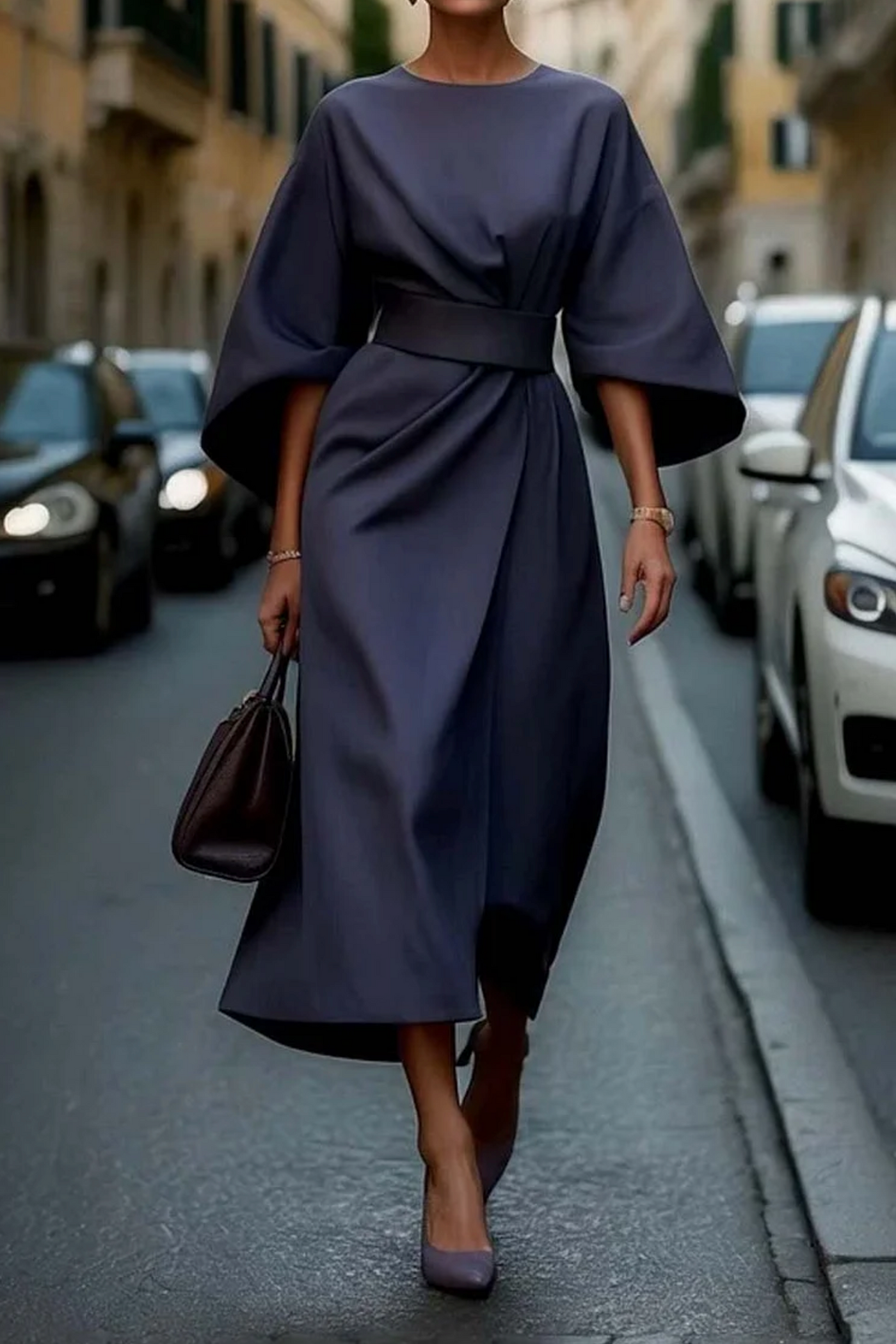 Jessalyn - Fashionable Bat Sleeve Mid-Calf Dress