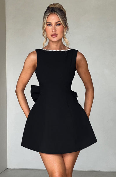 Hollis - Elegant Pearl Bow Mini Dress