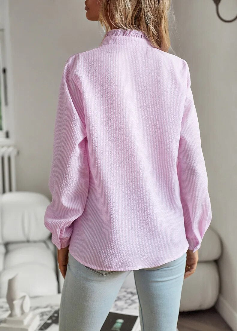 Romy - Elegant Ruched Stand Collar Long Sleeve Shirt