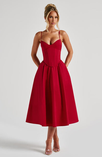 Wrenna - Elegant Waist-Cinched Sleeveless Midi Dress