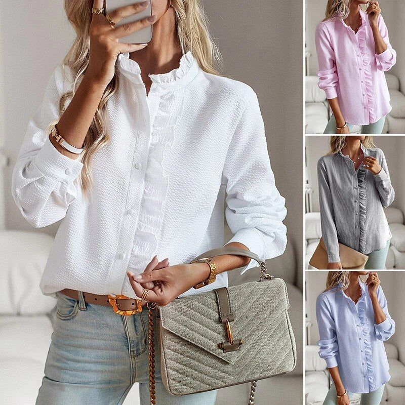 Romy - Elegant Ruched Stand Collar Long Sleeve Shirt