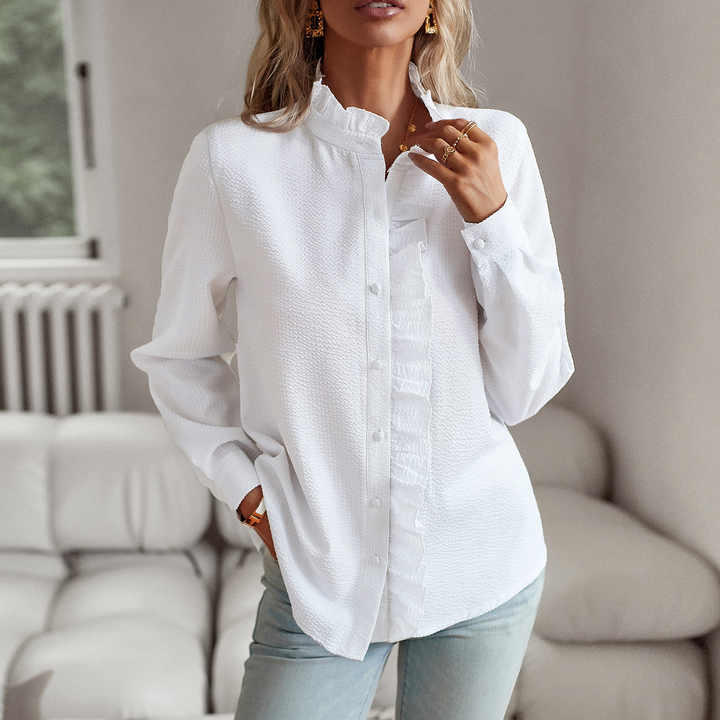 Romy - Elegant Ruched Stand Collar Long Sleeve Shirt